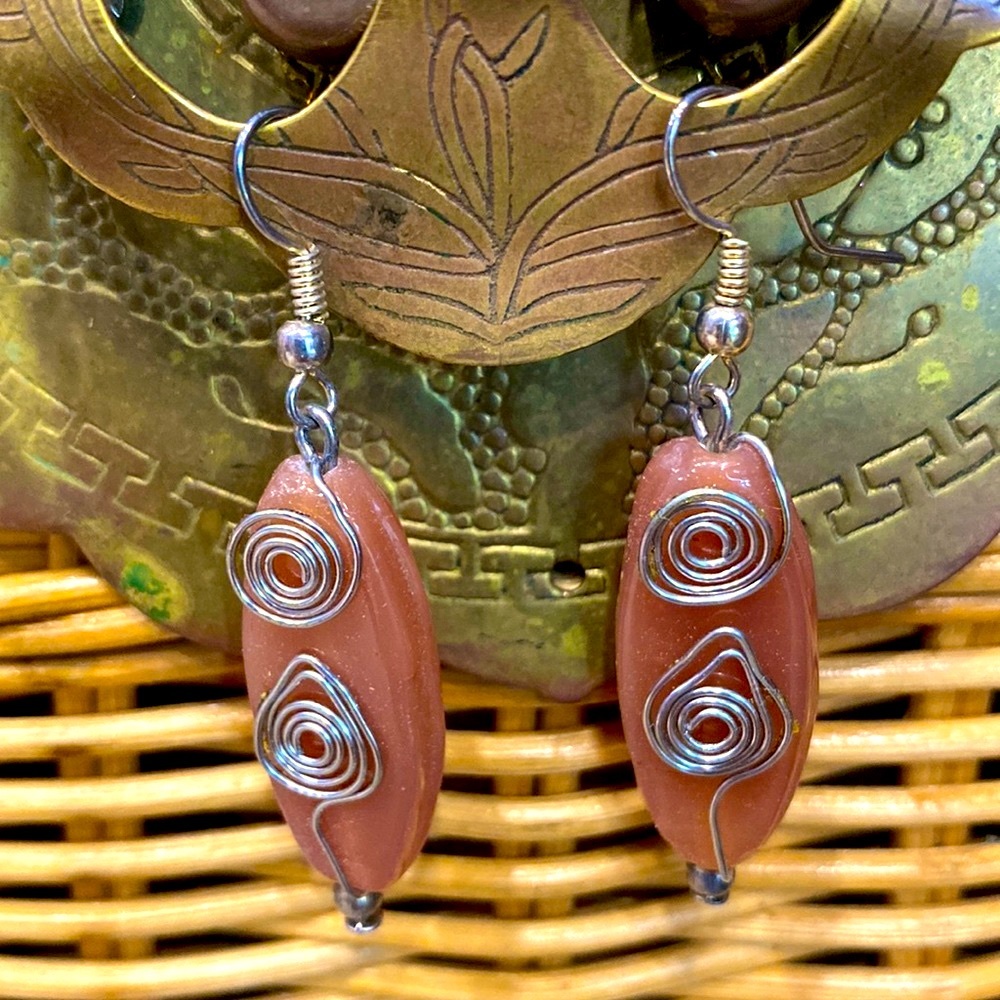 Handmade Beaded Long Oval Dangle Peach & Silver Beads & Wire Earrings Cool Gift